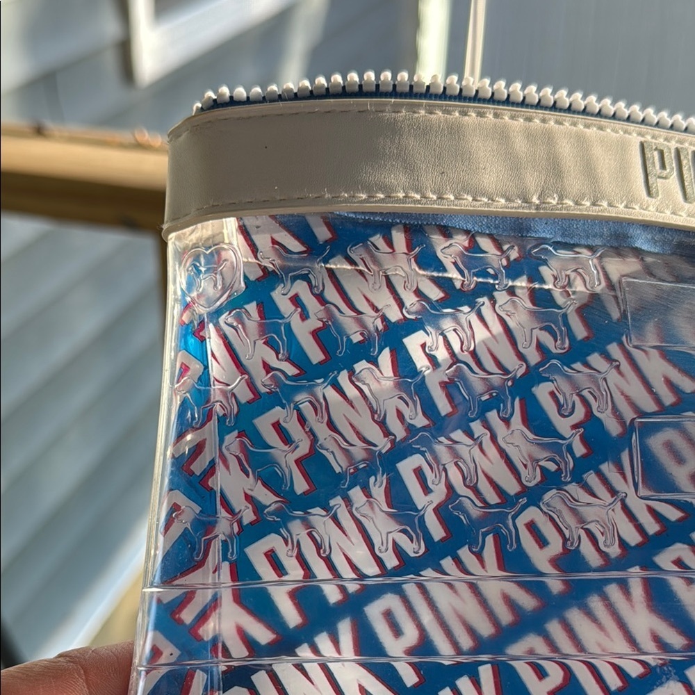 PINK Victoria's Secret Clear Pouch with Blue and White Design - Picture 2 of 5
